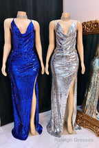 Shinning Sequins V Neck Sleeveless Front Slit Mermaid Prom Dresses