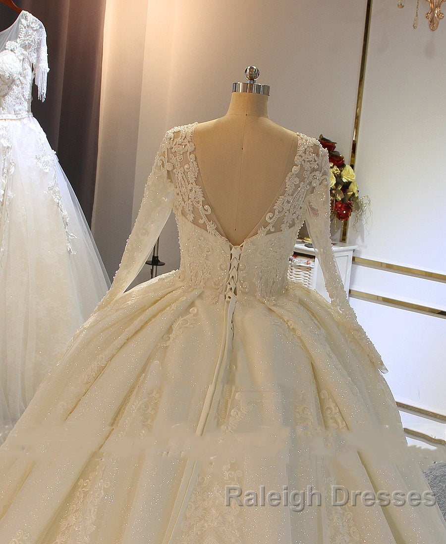 Shinny Long A-line Full Beading Lace-Up Wedding Dresses with Sleeves Secondary image