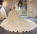 Shinny Long A Line Full Beading Lace-Up Wedding Dress with Sleeves