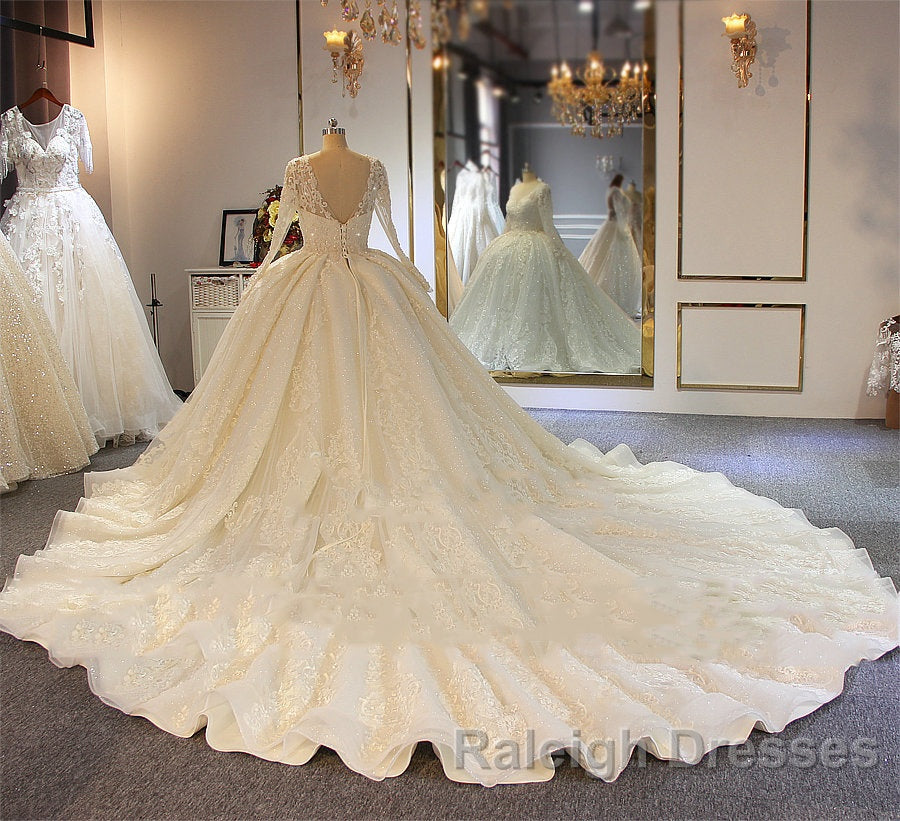 Shinny Long A Line Full Beading Lace-Up Wedding Dress with Sleeves