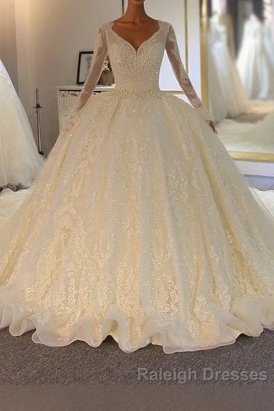 Shinny Long A-line Full Beading Lace-Up Wedding Dresses with Sleeves Main image