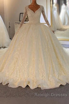 Shinny Long A-line Full Beading Lace-Up Wedding Dresses with Sleeves