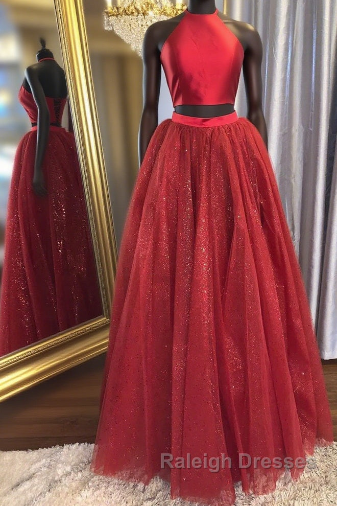 Shiny 2 Pieces Halter Neck Red Long Prom Dress, Two Pieces Red Formal Graduation Evening Dress Main image