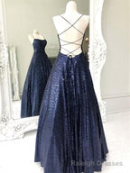 Shiny A Line Open Back Navy Blue Long Formal Prom Dress