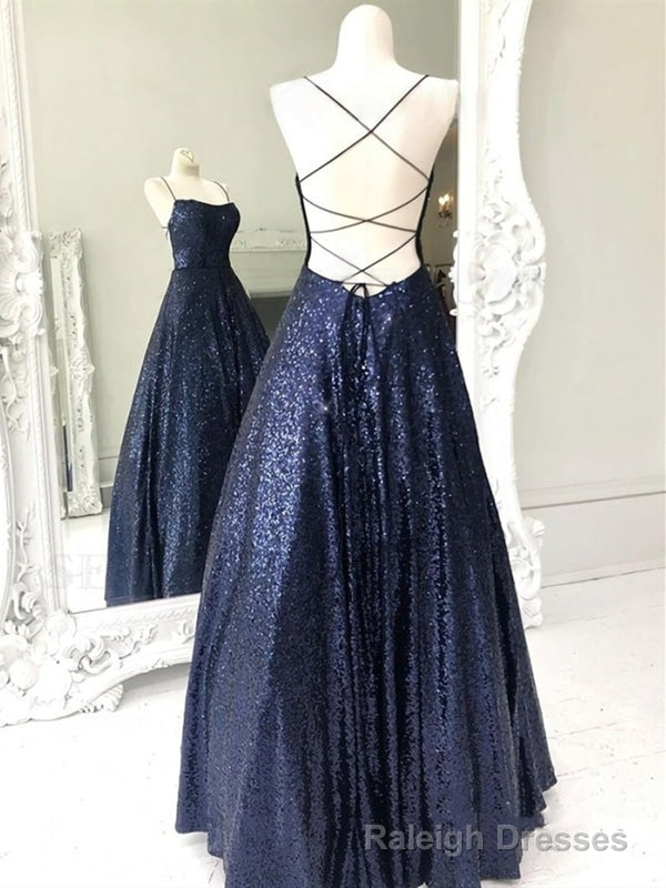 Shiny A Line Open Back Navy Blue Long Formal Prom Dress