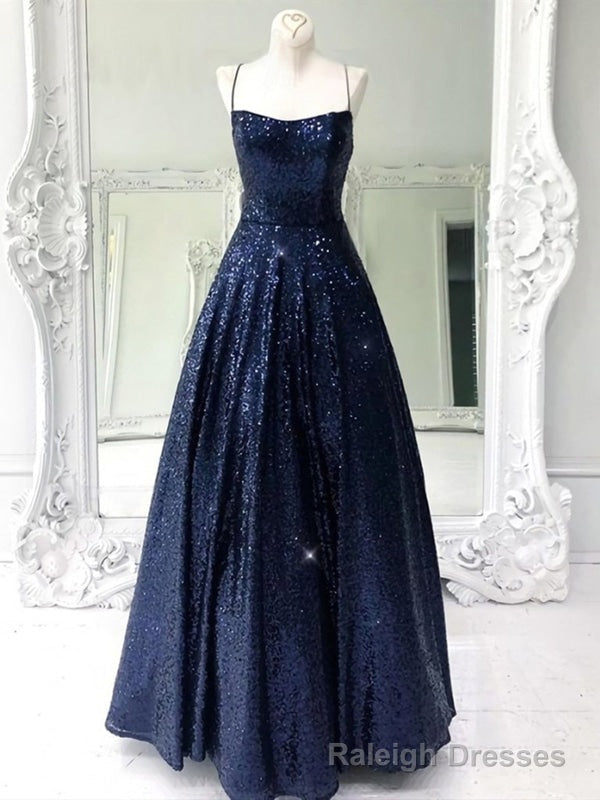 Shiny A Line Open Back Navy Blue Long Formal Prom Dress