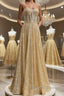 Shiny A Line Spaghetti Straps Gold Prom Dresses Long, Sweetheart Neck Golden Formal Dresses, Gold Tulle Evening Dresses WT1856