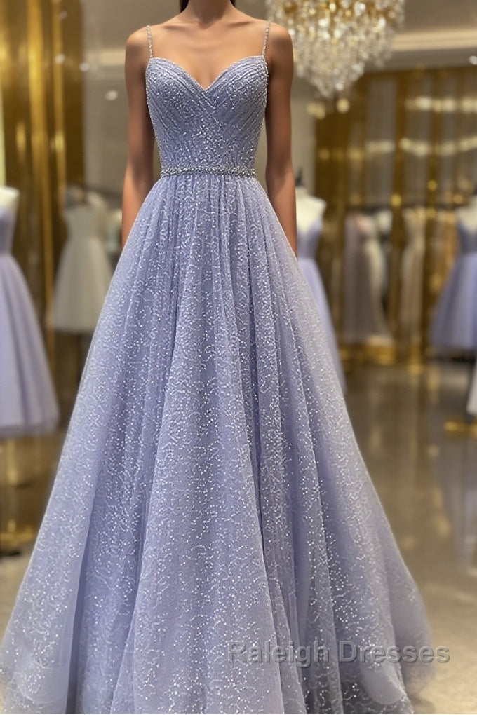 Shiny A Line V Neck Purple Lace Prom Dresses, A Line V Neck Purple Lace Formal Evening Dresses Main image