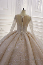Shiny Ball Gown Tulle Jewel Long Sleevess Ruffless Wedding Dress