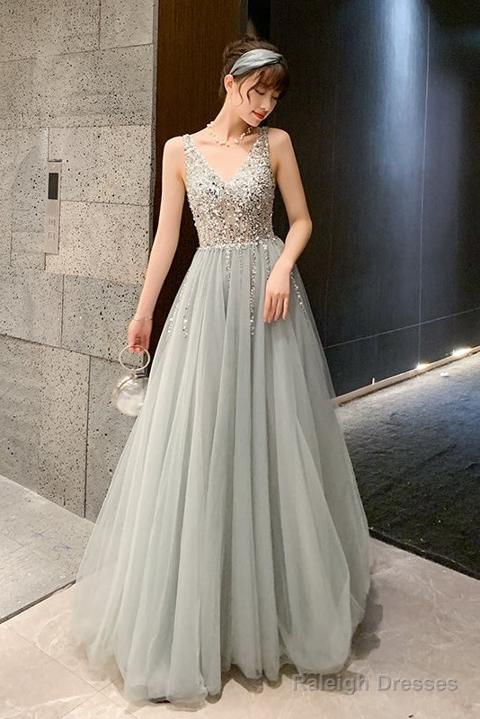 Shiny Beaded V Back Tulle Prom Dresses Long Charming Tulle Prom Dress
