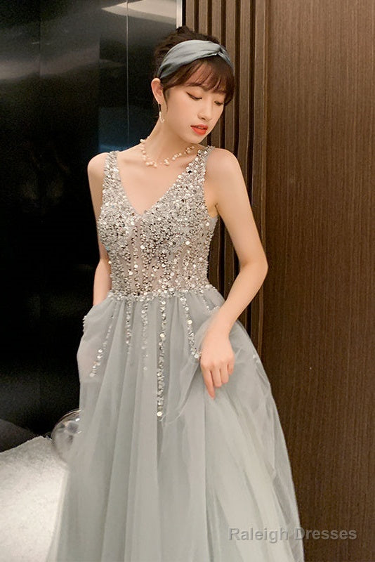 Shiny Beaded V Back Tulle Prom Dresses Long Charming Tulle Prom Dress
