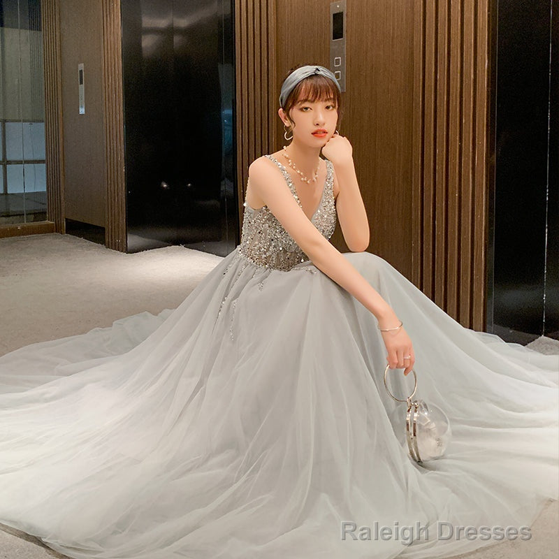 Shiny Beaded V Back Tulle Prom Dresses Long Charming Tulle Prom Dress