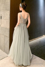 Shiny Beaded V Back Tulle Prom Dresses Long Charming Tulle Prom Dress