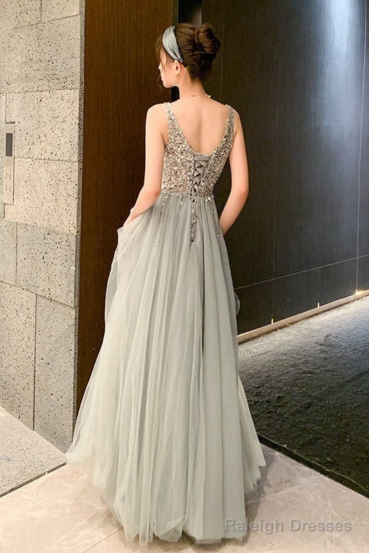 Shiny Beaded V Back Tulle Prom Dresses Long Charming Tulle Prom Dress