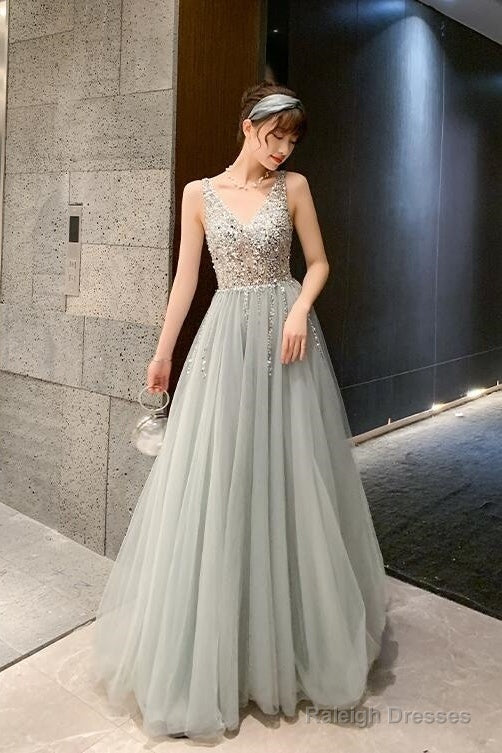 Shiny Beaded V Back Tulle Long Prom Dress , Charming Tulle Party Dresses Main image