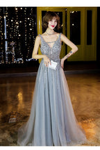 Shiny Beaded V-Neckline Grey Long Low Back Floor Length Party Dress, Grey Evening Dress Prom Dresses