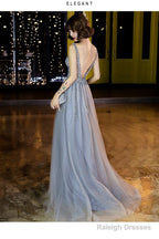Shiny Beaded V-Neckline Grey Long Low Back Floor Length Party Dress, Grey Evening Dress Prom Dresses