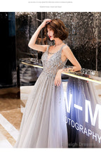 Shiny Beaded V-Neckline Grey Long Low Back Floor Length Party Dress, Grey Evening Dress Prom Dresses
