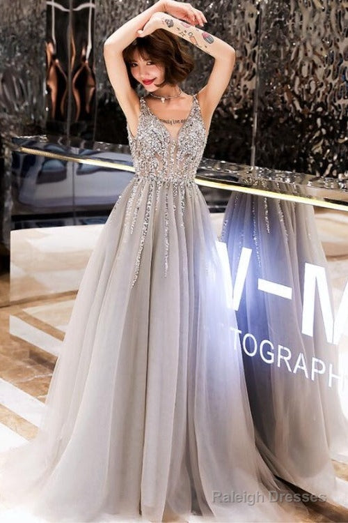 Shiny Beaded V-Neckline Grey Long Low Back Floor Length Party Dress, Grey Evening Dress Prom Dresses Main image