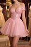 Shiny Beadings Off the Shoulder Pink Short Homecoming Prom Dress, Off Shoulder Pink Beaded Formal Graduation Evening Dress