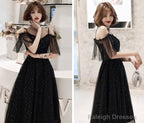 Shiny Black Off Shoulder Tea Length Party Dress Prom Dress, Black Homecoming Dresses