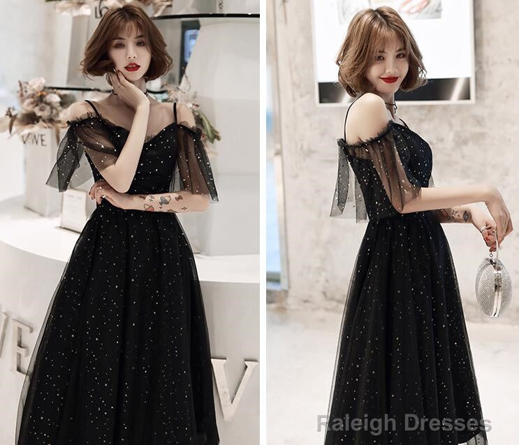 Shiny Black Off Shoulder Tea Length Party Dress Prom Dress, Black Homecoming Dresses