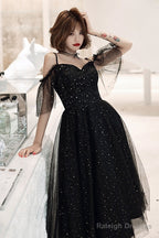 Shiny Black Off Shoulder Tea Length Party Dress Prom Dress, Black Homecoming Dresses