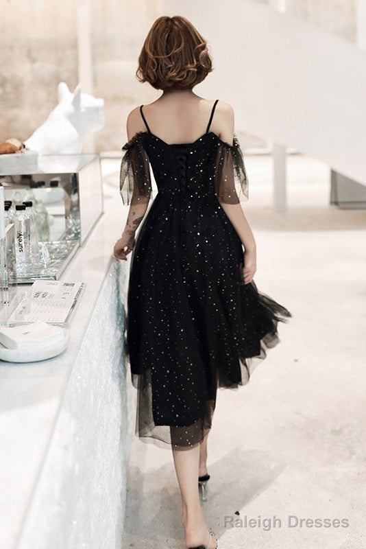 Shiny Black Off Shoulder Tea Length Party Dress Prom Dress, Black Homecoming Dresses