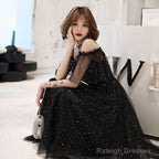 Shiny Black Off Shoulder Tea Length Party Dress Prom Dress, Black Homecoming Dresses