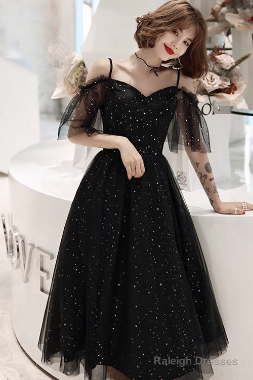 Shiny Black Off Shoulder Tea Length Party Dress Prom Dress, Black Homecoming Dresses Main image