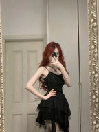Shiny Black Spaghetti Strap Sequined Tulle Irregular Skirt 17Th Birthday Homecoming Dress
