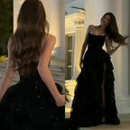 Shiny Black Strapless A-Line Sequin Slit Prom Dress Long Prom Gown