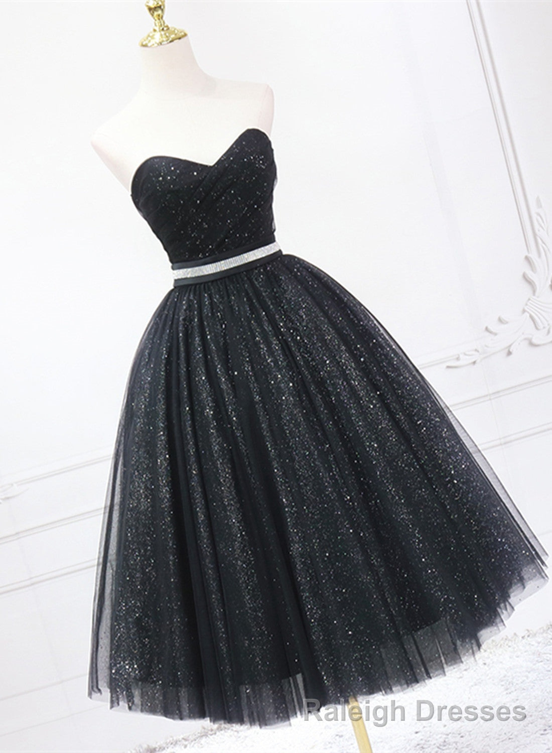 Shiny Black Sweetheart Tea Length Tulle Prom Dress, Black Prom Dress Homecoming Dress Main image