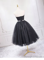 Shiny Black Sweetheart Tea Length Tulle Prom Dress, Black Prom Dress Homecoming Dress