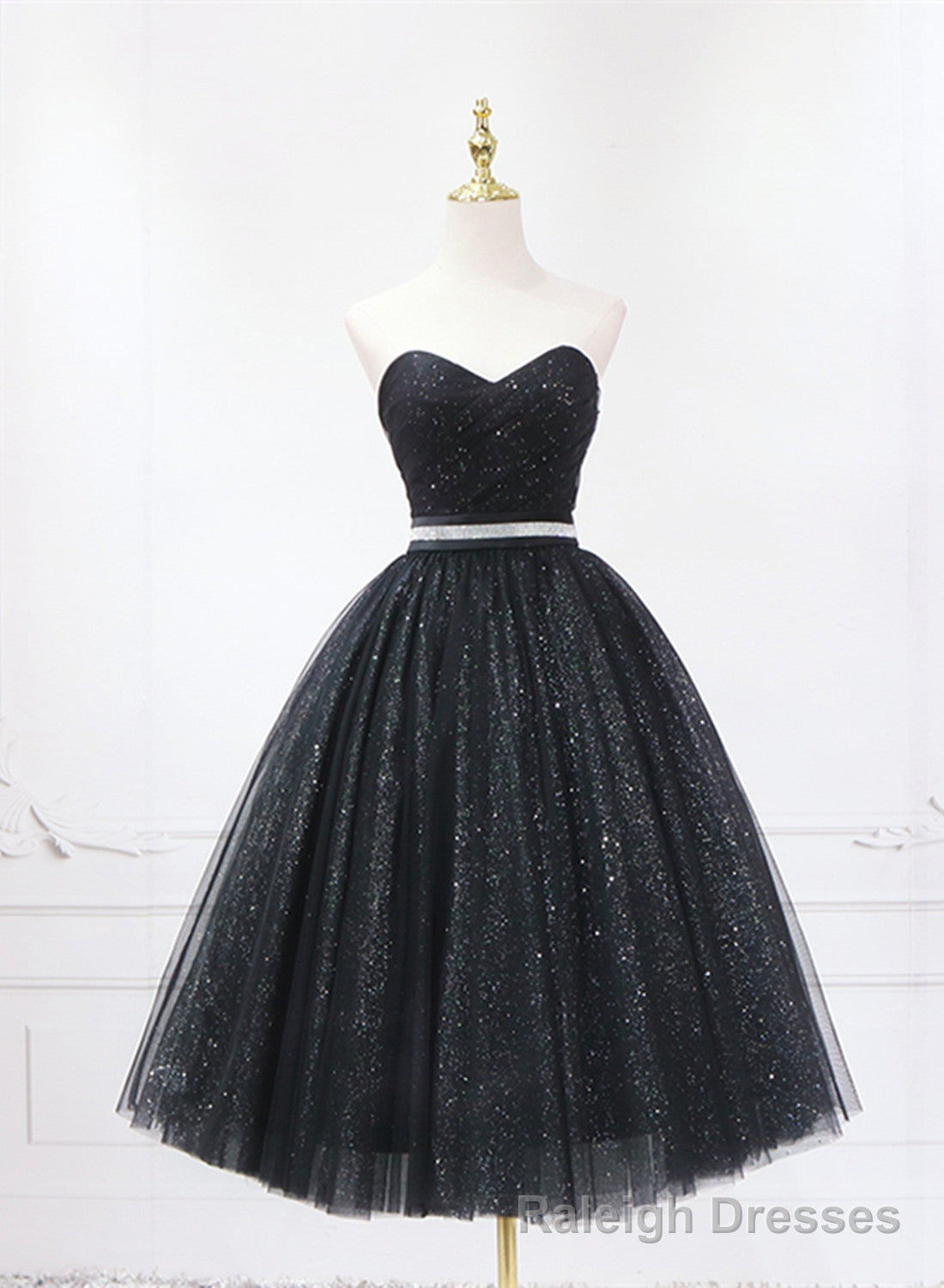 Shiny Black Sweetheart Tea Length Tulle Prom Dress, Black Prom Dress Homecoming Dress