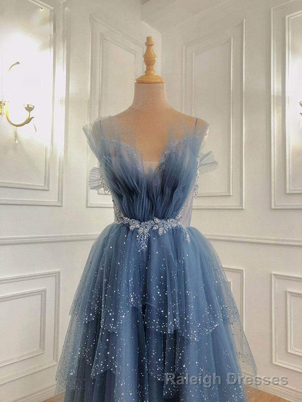 Shiny Blue Beaded Puffy Long Prom Dresses, Blue Beaded Long Formal Graduation Dresses Secondary image