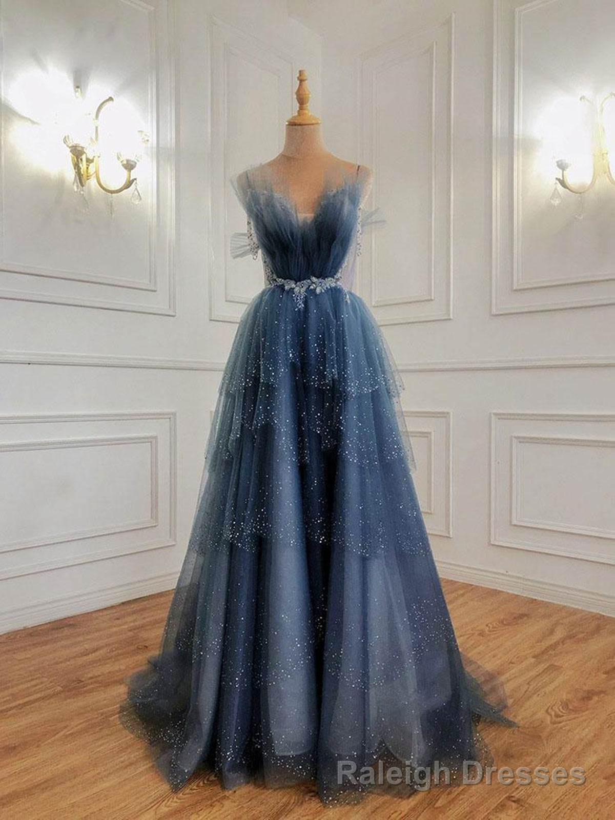 Shiny Blue Beaded Puffy Long Prom Dresses, Blue Beaded Long Formal Graduation Dresses Main image