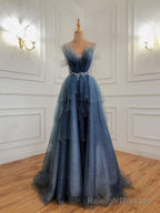 Shiny Blue Beaded Puffy Long Prom Dresses, Blue Beaded Long Formal Graduation Dresses