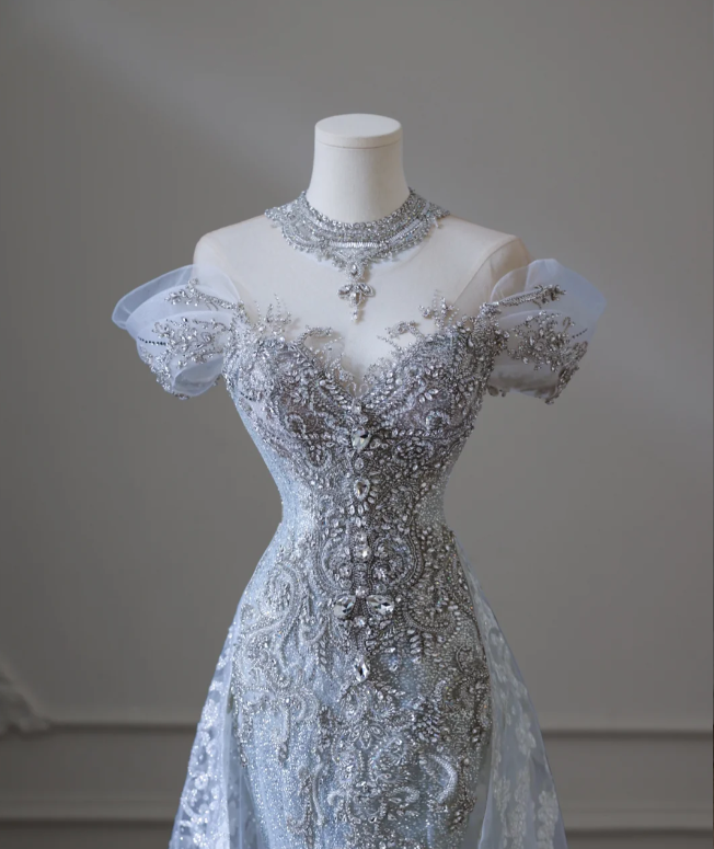 Shiny Blue Mermaid Rhinestone Lace Tulle Wedding Dress with Train