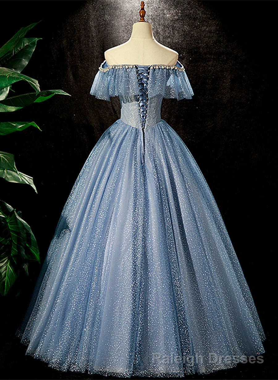 Shiny Blue Off Shoulder Beaded Long Prom Dress, Blue A Line Prom Dress Secondary image
