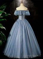 Shiny Blue Off Shoulder Beaded Long Prom Dress, Blue A Line Prom Dress