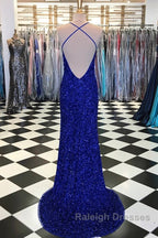 Shiny Blue Sequins Mermaid Backless Prom Dresses Long with High Slit Mermaid Blue Prom Dresses Blue Prom Dresses