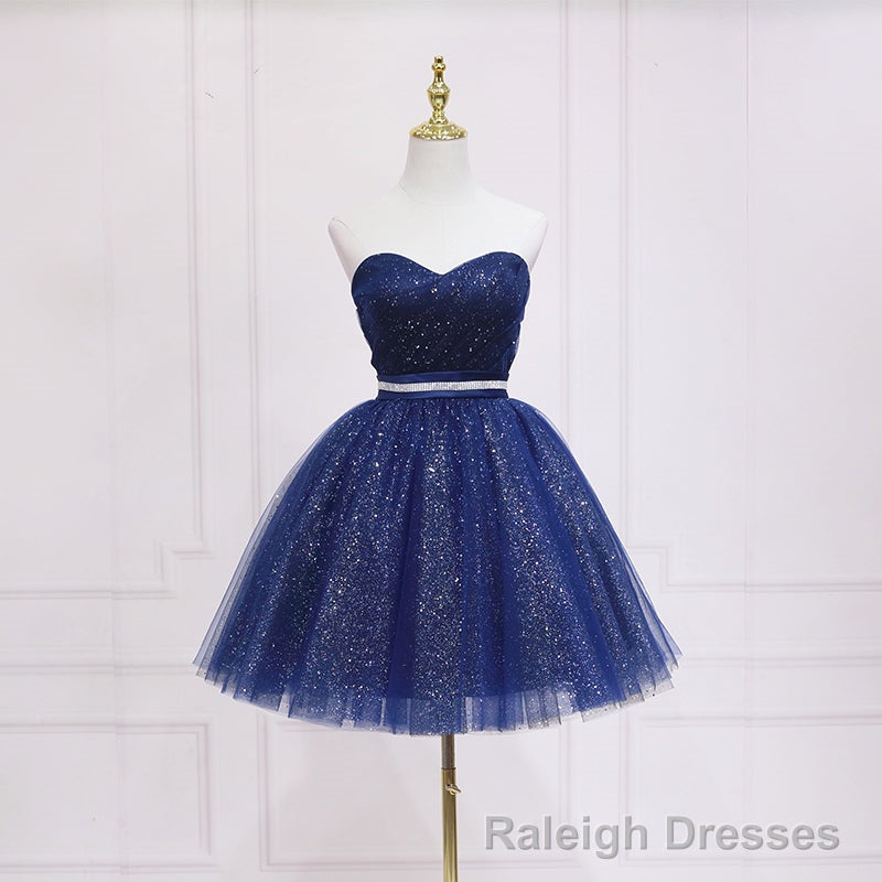 Shiny Blue Tulle Sweetheart Homecoming Dress Prom Dress, Navy Blue Short Prom Dress