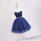 Shiny Blue Tulle Sweetheart Homecoming Dress Prom Dress, Navy Blue Short Prom Dress