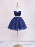 Shiny Blue Tulle Sweetheart Homecoming Dress Prom Dress, Navy Blue Short Prom Dress