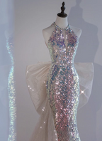 Shiny Dreamy Iridescent Gradient Mermaid Halter Neck Bow Sequin Long Formal Prom Dress