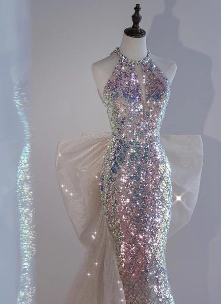 Shiny Dreamy Iridescent Gradient Mermaid Halter Neck Bow Sequin Long Formal Prom Dress Secondary image