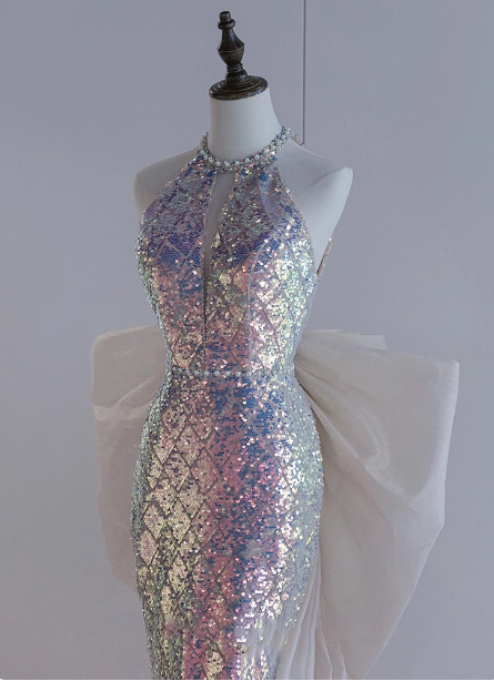 Shiny Dreamy Iridescent Gradient Mermaid Halter Neck Bow Sequin Long Formal Prom Dress