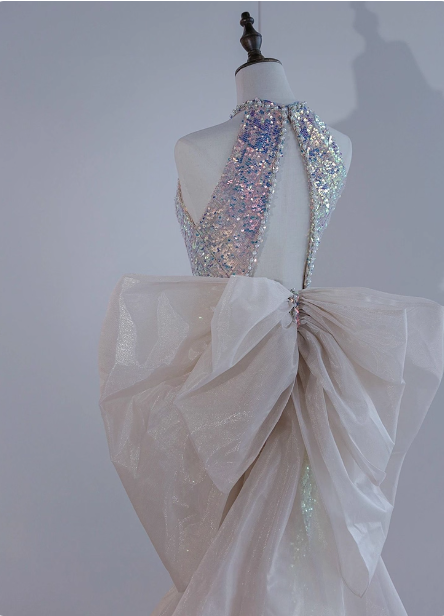 Shiny Dreamy Iridescent Gradient Mermaid Halter Neck Bow Sequin Long Formal Prom Dress