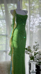 Shiny Full Beaded Heavy Green Mermaid Backless Prom Gown Formal Prom Dress